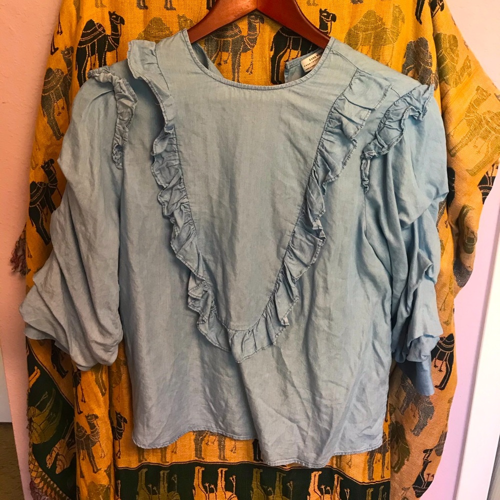 Zara denim chambray puff sleeve Blouse